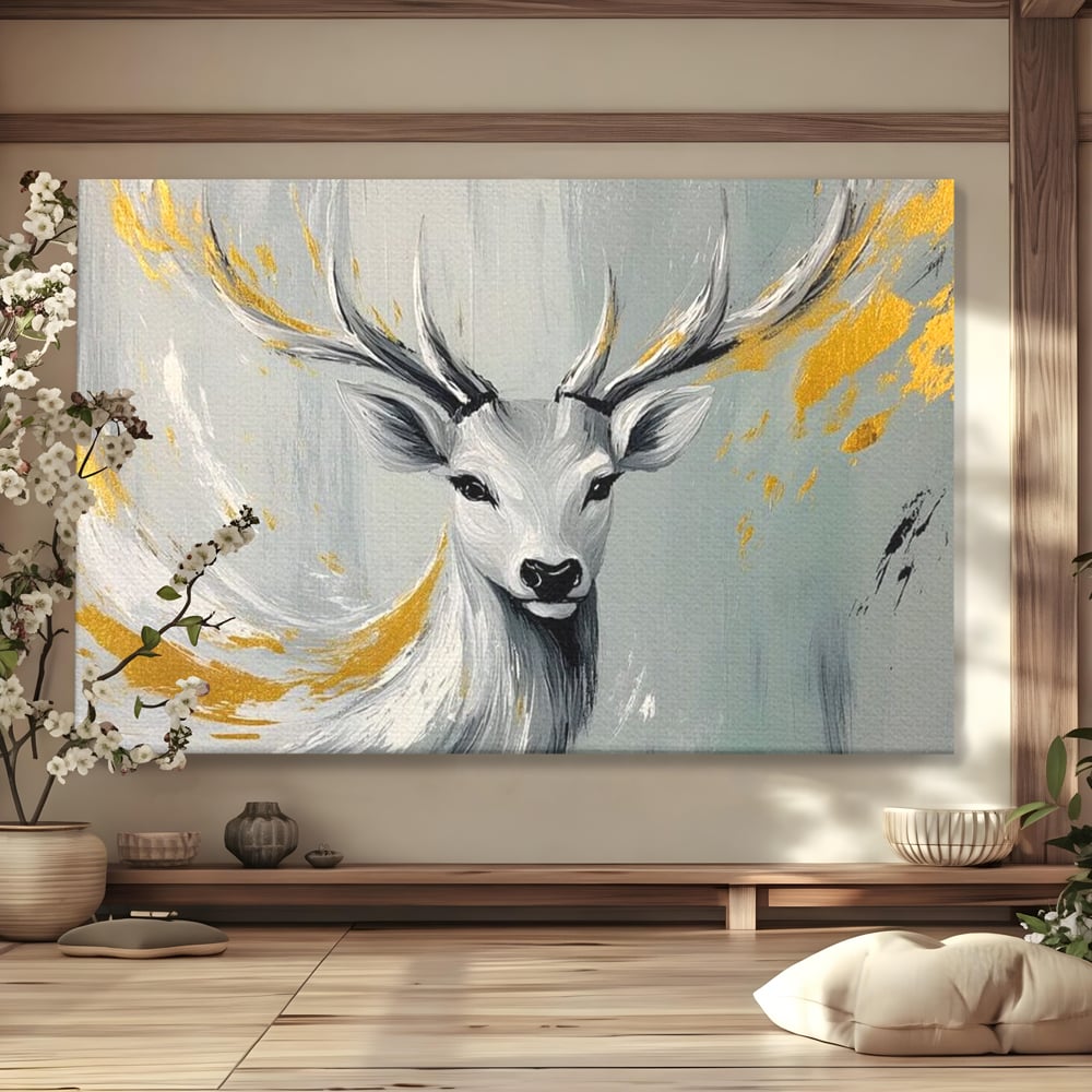 Tablou canvas cu pictura cu portret de cerb si detalii aurii, fara rama, pe sasiu de lemn